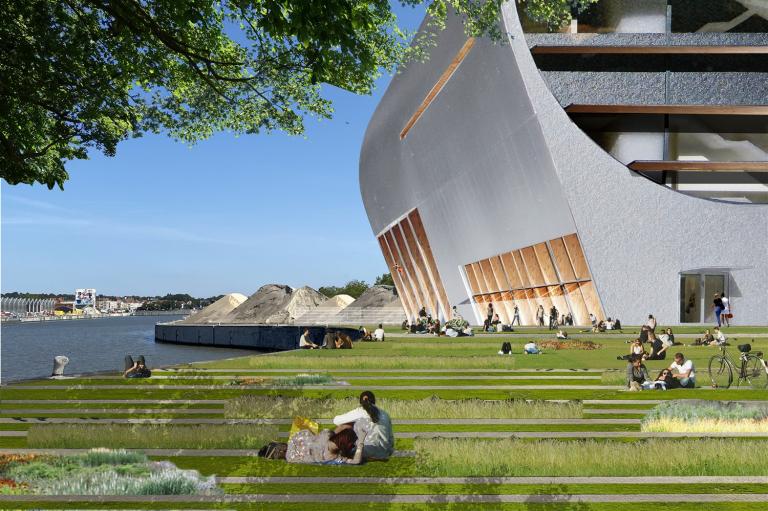 Une simulation du futur bâtiment, sur la rive droite de la courbe de giration du canal. © BEL architecten - CRIT. architecten - Bureau d’études Weinand