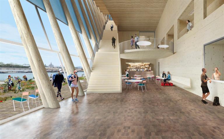 Une simulation de l’entrée, du café public et du grand escalier vers les salles de sports. © BEL architecten - CRIT. architecten - Bureau d’études Weinand