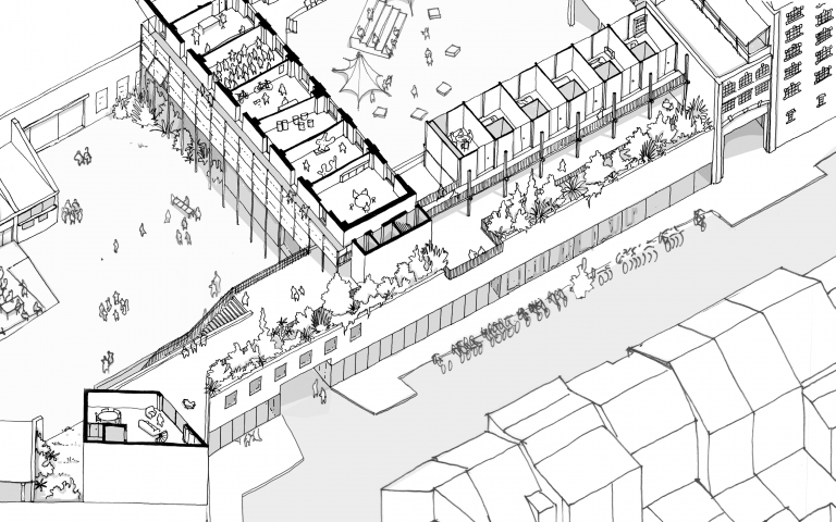 Le plan de la terrasse verdurisée sur le nouveau bâtiment qui reliera les 13-15 et 17-19 rue de Manchester à front de la rue de Manchester. © sau-msi.brussels (BC architects)