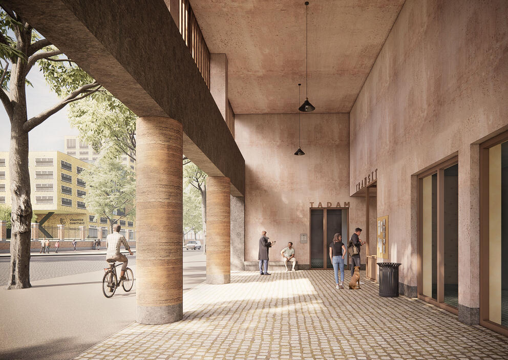 Le porche et l’accueil sur l’avenue du Port. © Bogdan & Van Broeck – BC Architects & Studies