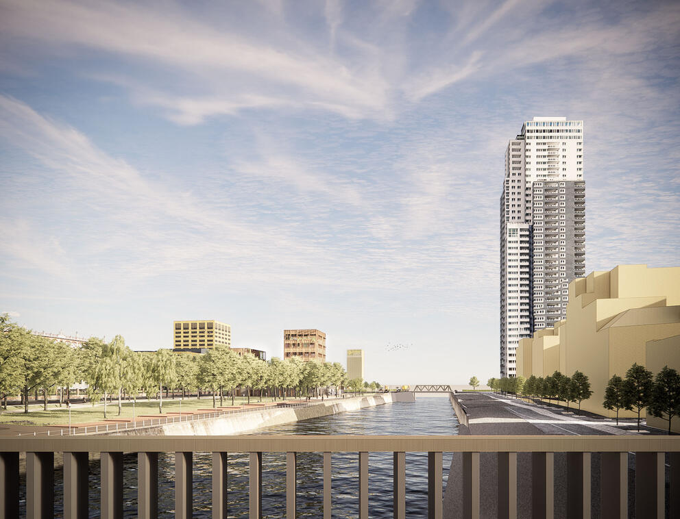 Sur la rive gauche du canal, derrière le futur Parc Béco, la silhouette du futur bâtiment.  © Bogdan & Van Broeck – BC Architects & Studies