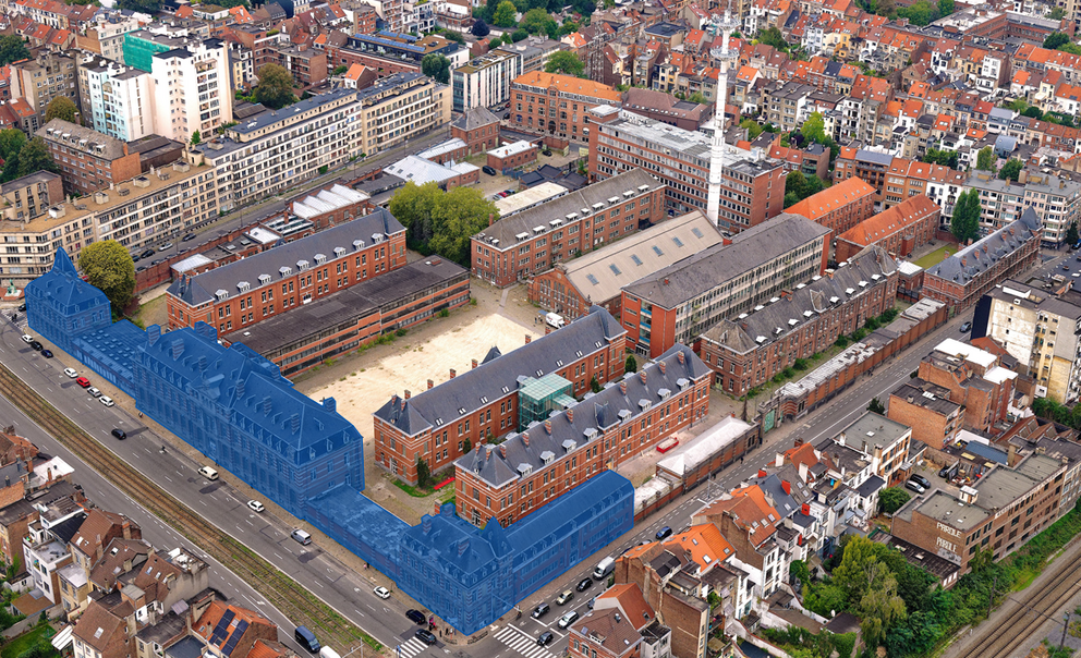 En bleu, les bâtiments qui font l’objet de l’emphytéose accordée par la Région à l’ULB et à la VUB pour le développement de la partie universitaire et académique de Usquare.brussels. © sau-msi.brussels (Simon Schmitt - www.globalview.be)