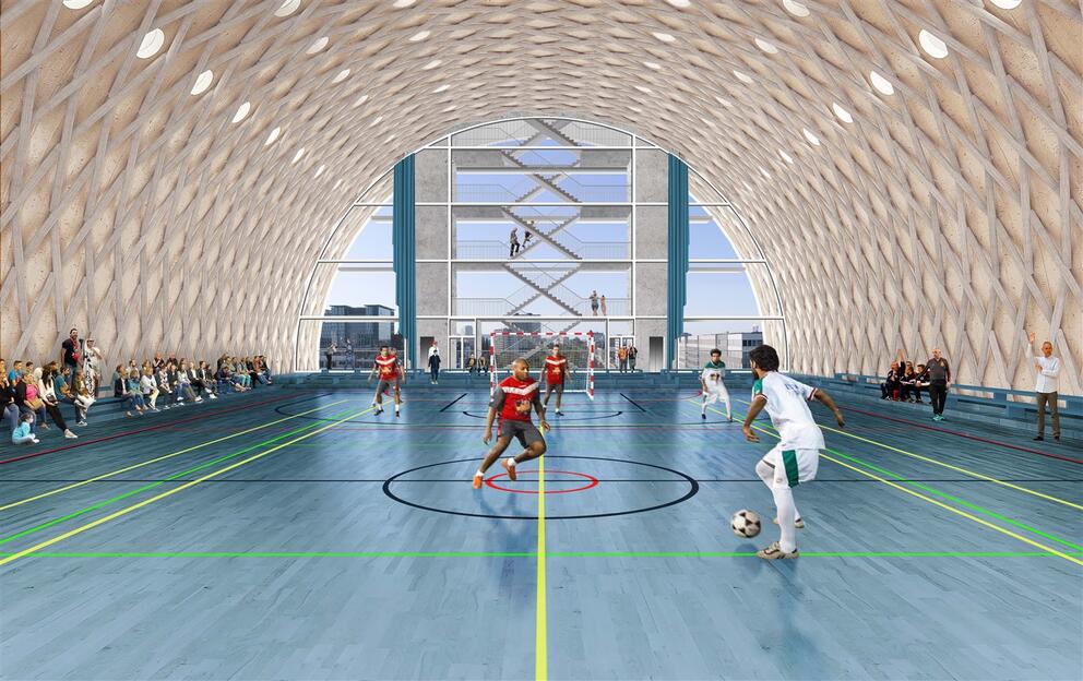 Une simulation de la salle omnisports. © BEL architecten - CRIT. architecten - Bureau d’études Weinand