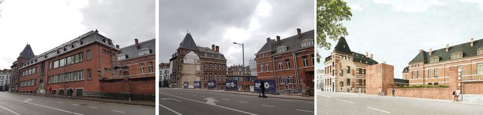 Le bâtiment qui a été déconstruit le long de l’avenue de la Couronne et une simulation de la future nouvelle entrée du site, qui sera aménagée avec des briques récupérées. (© sau-msi.brussels et © evr architecten, BC Architects, Callebaut Architecten)