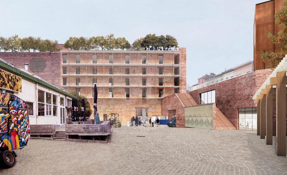 Simulation du futur aménagement de la cour du 13-15 rue de Manchester, avec à droite l’escalier vers la terrasse verdurisée. © sau-msi.brussels (BC architects) 