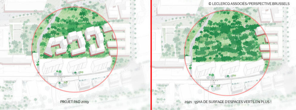 La suppression des îlots I, J et K qui étaient prévus dans la première version du PAD permet l’extension du parc urbain. © Leclercq Associés/perspective.brussels